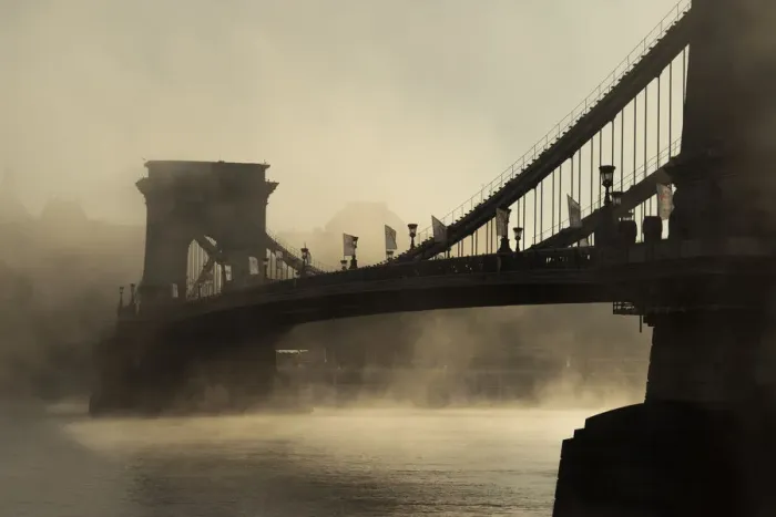 Framed Print : Foggy Chain Bridge, Budapest