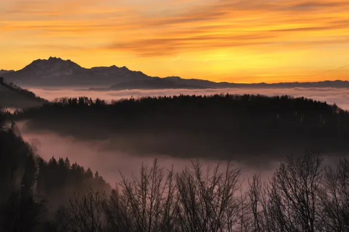 Framed Print : Foggy mood in the evening light with view on Mt. Pilatus, Zug, Switzerland, Europe Framed Print : Foggy mood in the evening light with view on Mt. Pilatus, Zug, Switzerland, Europe