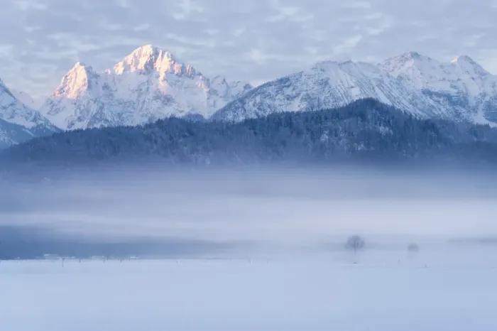 Framed Print : Foggy morning with snowy mountain in Germany