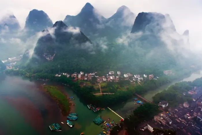 Framed Print : Foggy morning Xingping county from the top Framed Print : Foggy morning Xingping county from the top