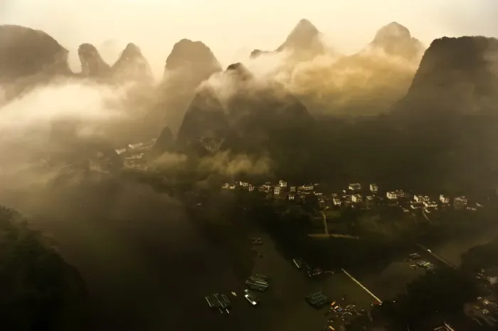 Framed Print : Foggy morning Xingping county from the top