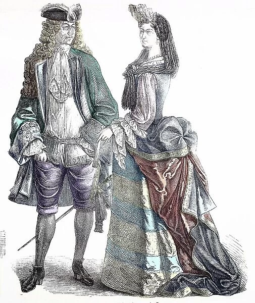 Folk Costume, Clothing, History of Costumes, French Gentleman and Lady, ca 1700-1735, France, Historical, digitally restored reproduction of a 19th century original