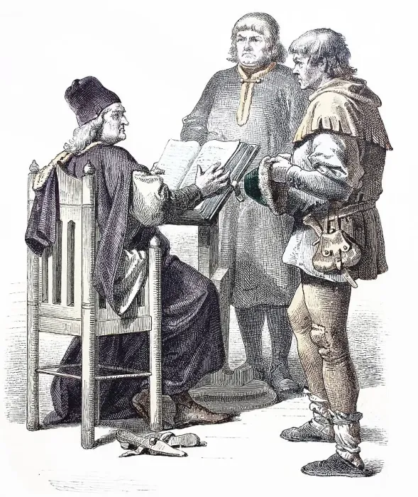 Framed Print : Folk Costume, Clothing, History of Costumes, Judge, Citizen and Peasant, 1450-1500, Germany, Historical, digitally restored reproduction of a 19th century original Framed Print : Folk Costume, Clothing, History of Costumes, Judge, Citizen and Peasant, 1450-1500, Germany, Historical, digitally restored reproduction of a 19th century original