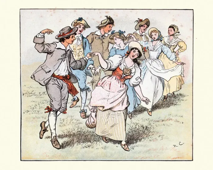 Framed Print : Folk dance, Young couples dancing hand in hand at a may day festival Framed Print : Folk dance, Young couples dancing hand in hand at a may day festival