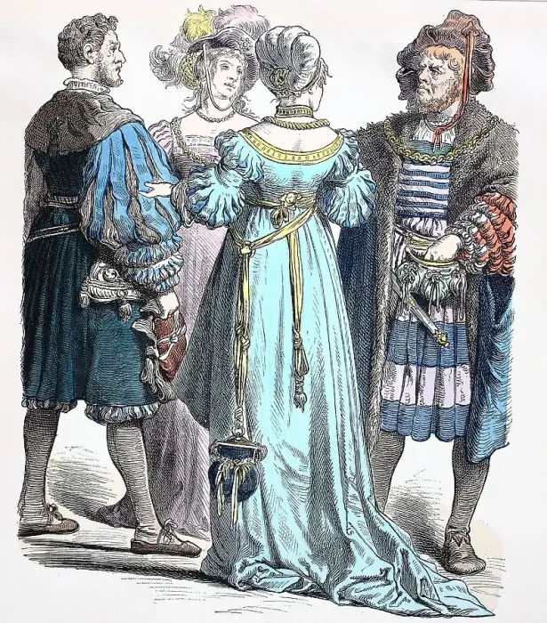 Framed Print : Folk traditional costume, clothing, history of costumes, German bourgeois costume, ca 1525, Germany, historical, digitally restored reproduction of a 19th century original Framed Print : Folk traditional costume, clothing, history of costumes, German bourgeois costume, ca 1525, Germany, historical, digitally restored reproduction of a 19th century original