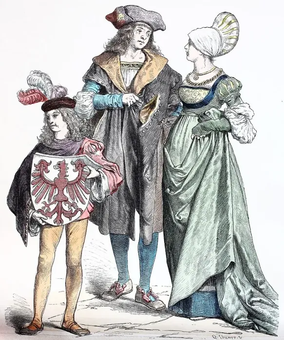 Framed Print : Folk traditional costume, clothing, history of costumes, German bourgeois costume from 1510-1530, Germany, historical, digitally restored reproduction of a 19th century original