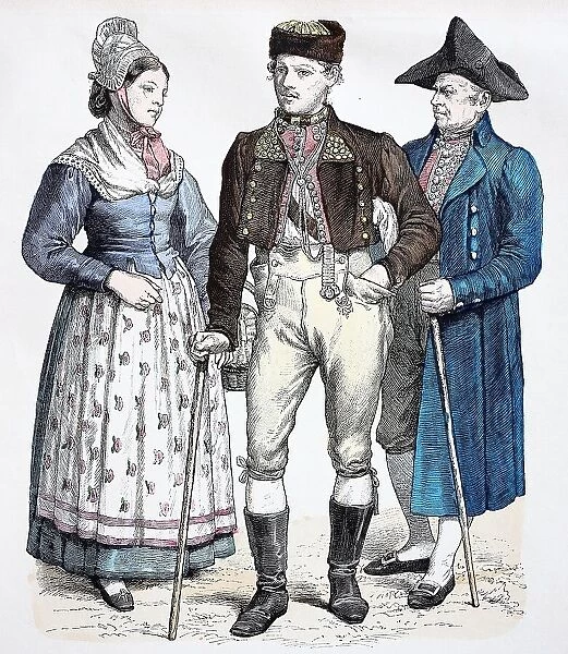 Folk traditional costume, clothing, history of costumes, woman from the Iffezheim area, men from the Tauber area, Baden, Germany, historical, digitally restored reproduction of a 19th century original