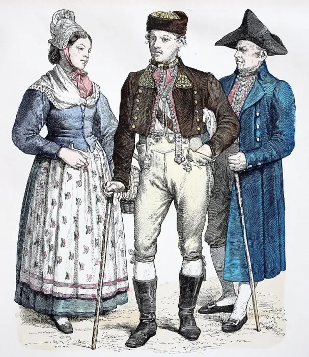 Framed Print : Folk traditional costume, clothing, history of costumes, woman from the Iffezheim area, men from the Tauber area, Baden, Germany, historical, digitally restored reproduction of a 19th century original Framed Print : Folk traditional costume, clothing, history of costumes, woman from the Iffezheim area, men from the Tauber area, Baden, Germany, historical, digitally restored reproduction of a 19th century original