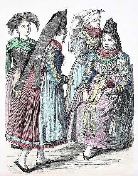 Folk traditional costume, clothing, history of costumes, woman from Breisgau, Witichhausen and the Tauber region, Germany, 1885, Historic, digitally restored reproduction of a 19th century original