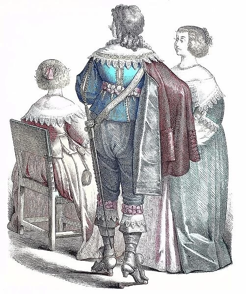 Folk traditional costume, Clothing, History of costumes, French noblemen, ca 1630-1600, France, Historical, digitally restored reproduction of a 19th century original