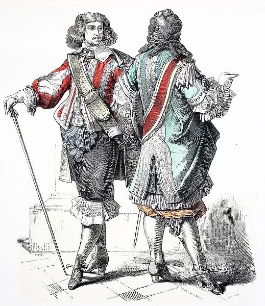 Folk traditional costume, clothing, history of costumes, French cavaliers, ca 1670-1700, France, Historical, digitally restored reproduction of a 19th century original