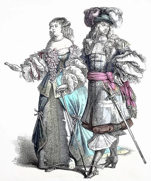 Folk traditional costume, Clothing, History of costumes, French noblewoman in court costume, ca 1630-1600, France, Historical, digitally restored reproduction of a 19th century original