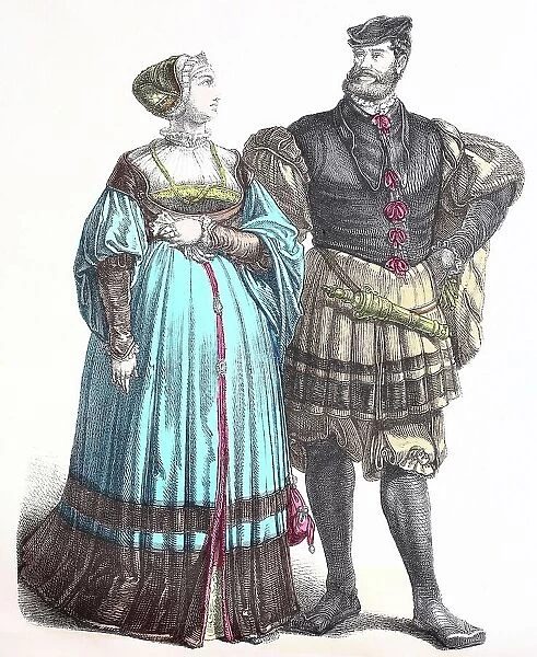 Folk traditional costume, clothing, history of costumes, German noblemen, ca 1500-1535, Germany, Historical, digitally restored reproduction of a 19th century original