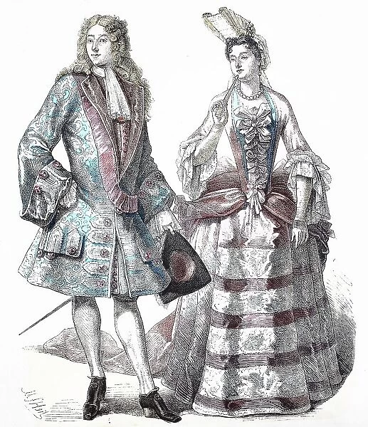 Folk traditional costume, clothing, history of costumes, French gentleman and lady from the court of Louis XVI ca 1700-1735, France, Historic, digitally restored reproduction of a 19th century original