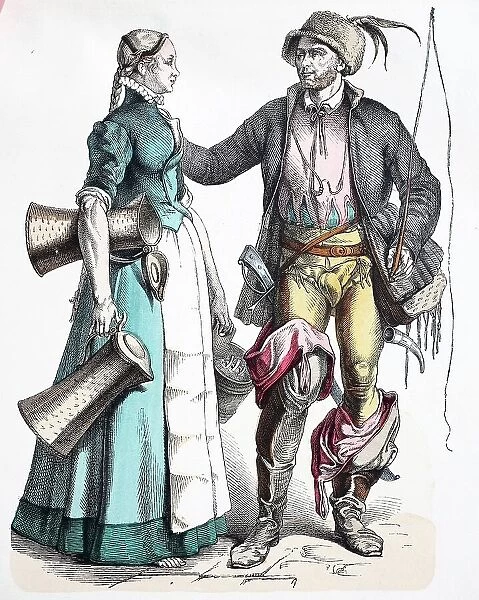 Folk traditional costume, clothing, history of costumes, Nuremberg maid and carter, ca 1565-1595, Germany, Historic, digitally restored reproduction of a 19th century original