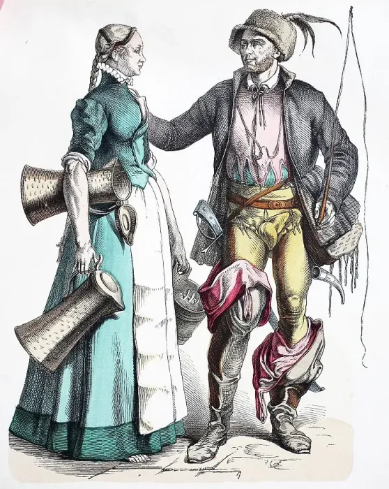 Framed Print : Folk traditional costume, clothing, history of costumes, Nuremberg maid and carter, ca 1565-1595, Germany, Historic, digitally restored reproduction of a 19th century original Framed Print : Folk traditional costume, clothing, history of costumes, Nuremberg maid and carter, ca 1565-1595, Germany, Historic, digitally restored reproduction of a 19th century original