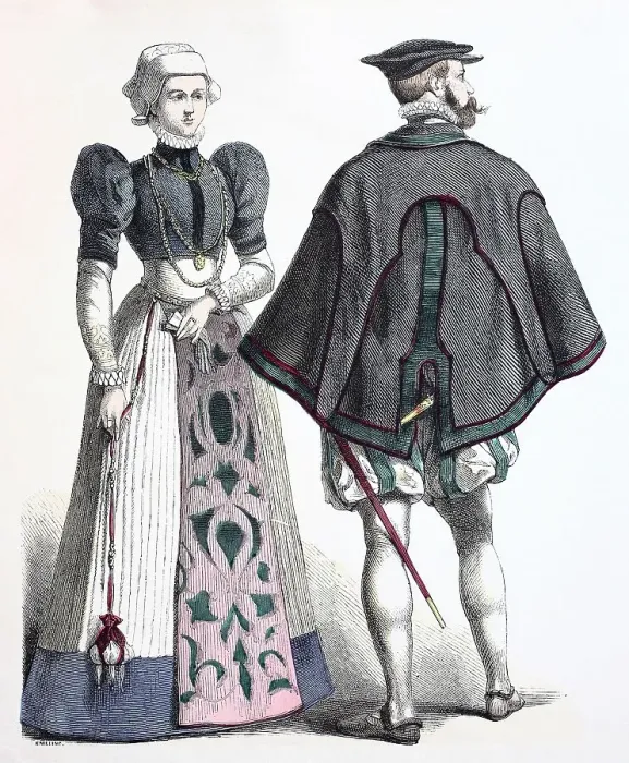 Framed Print : Folk traditional costume, clothing, history of costumes, German bourgeois costume, ca 1565-1595, Germany, historical, digitally restored reproduction of a 19th century original Framed Print : Folk traditional costume, clothing, history of costumes, German bourgeois costume, ca 1565-1595, Germany, historical, digitally restored reproduction of a 19th century original