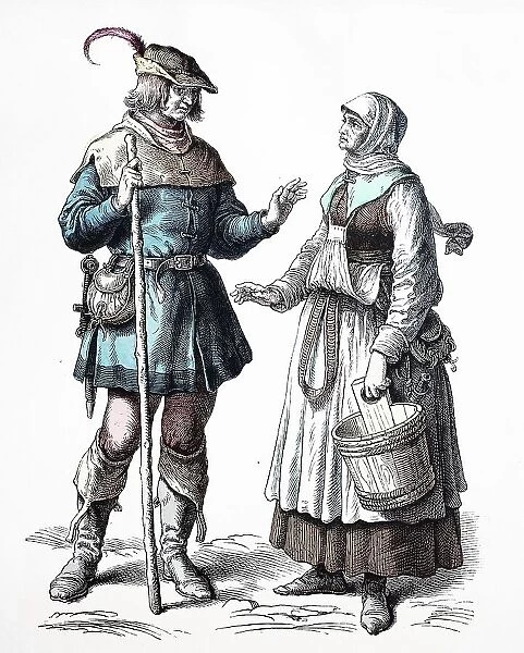 Folk traditional costume, clothing, history of costumes, German peasants, ca 1500-1535, Germany, historical, digitally restored reproduction of a 19th century original