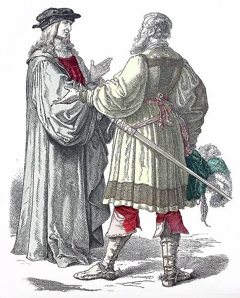 Folk traditional costume, clothing, history of costumes, German magistrate and knight, 1500-1535, Germany, Historical, digitally restored reproduction of a 19th century original