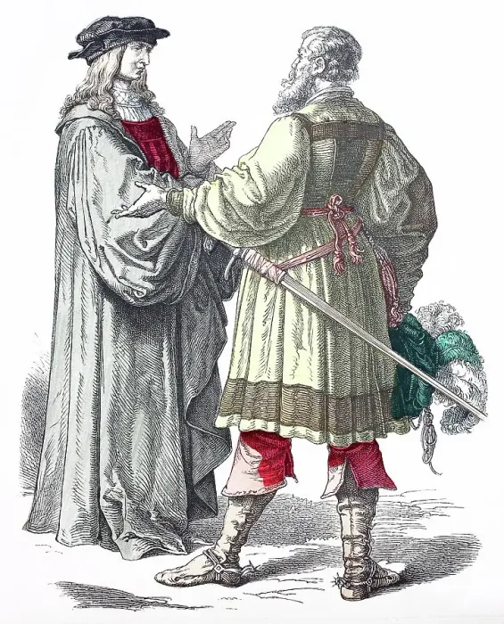 Framed Print : Folk traditional costume, clothing, history of costumes, German magistrate and knight, 1500-1535, Germany, Historical, digitally restored reproduction of a 19th century original Framed Print : Folk traditional costume, clothing, history of costumes, German magistrate and knight, 1500-1535, Germany, Historical, digitally restored reproduction of a 19th century original
