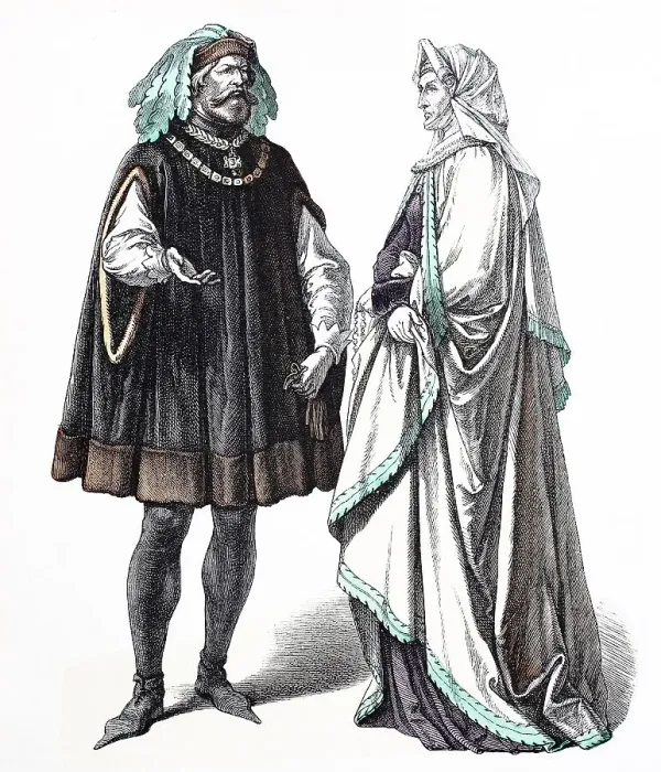 Framed Print : Folk traditional costume, clothing, history of costumes, German patricians, 1450-1500, Germany, historical, digitally restored reproduction of a 19th century original Framed Print : Folk traditional costume, clothing, history of costumes, German patricians, 1450-1500, Germany, historical, digitally restored reproduction of a 19th century original