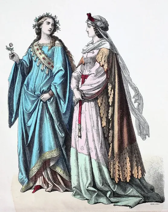 Framed Print : Folk traditional costume, clothing, history of costumes, German court costume, 1450-1500, Germany, historical, digitally restored reproduction of a 19th century original Framed Print : Folk traditional costume, clothing, history of costumes, German court costume, 1450-1500, Germany, historical, digitally restored reproduction of a 19th century original