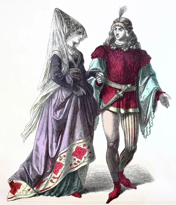 Framed Print : Folk traditional costume, Clothing, History of costumes, Burgundian court costume, France, 1450-1500, Historical, digitally restored reproduction of a 19th century original Framed Print : Folk traditional costume, Clothing, History of costumes, Burgundian court costume, France, 1450-1500, Historical, digitally restored reproduction of a 19th century original