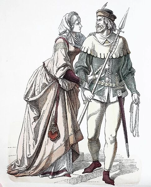 Folk traditional costume, clothing, history of costumes, German castle woman and knight in hunting dress, 1350, Germany, Historical, digitally restored reproduction of a 19th century original