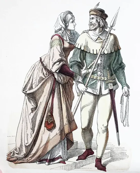 Framed Print : Folk traditional costume, clothing, history of costumes, German castle woman and knight in hunting dress, 1350, Germany, Historical, digitally restored reproduction of a 19th century original