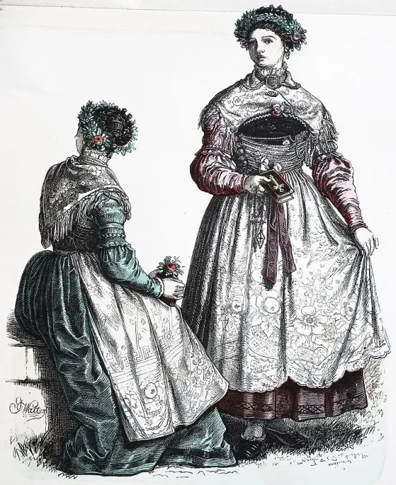 Framed Print : Folk traditional costume, clothing, history of costumes, Bavarian costume, bridesmaids, Germany, Starnberg, 1850, historical, digitally restored reproduction of a 19th century original Framed Print : Folk traditional costume, clothing, history of costumes, Bavarian costume, bridesmaids, Germany, Starnberg, 1850, historical, digitally restored reproduction of a 19th century original