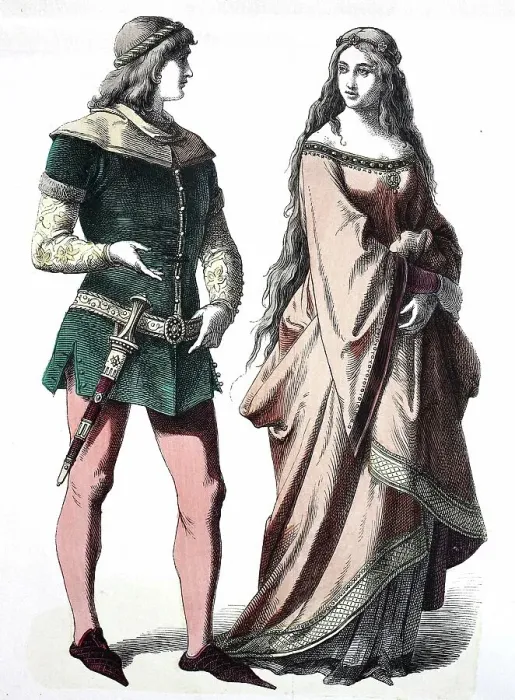 Framed Print : Folk traditional costume, clothing, history of costumes, knights and noblewomen, Germany, 14th century, Historical, digitally restored reproduction of a 19th century original Framed Print : Folk traditional costume, clothing, history of costumes, knights and noblewomen, Germany, 14th century, Historical, digitally restored reproduction of a 19th century original