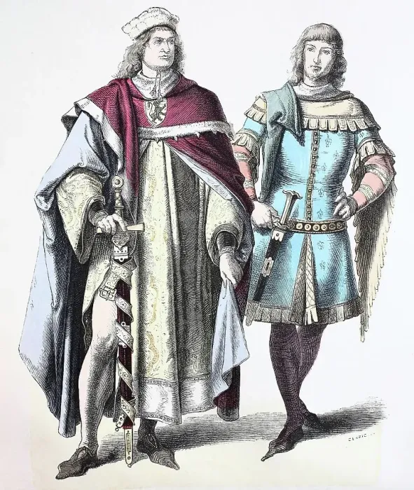 Framed Print : Folk traditional costume, Clothing, History of costumes, Prince and knight, Germany, 14th century, Historical, digitally restored reproduction of a 19th century original Framed Print : Folk traditional costume, Clothing, History of costumes, Prince and knight, Germany, 14th century, Historical, digitally restored reproduction of a 19th century original