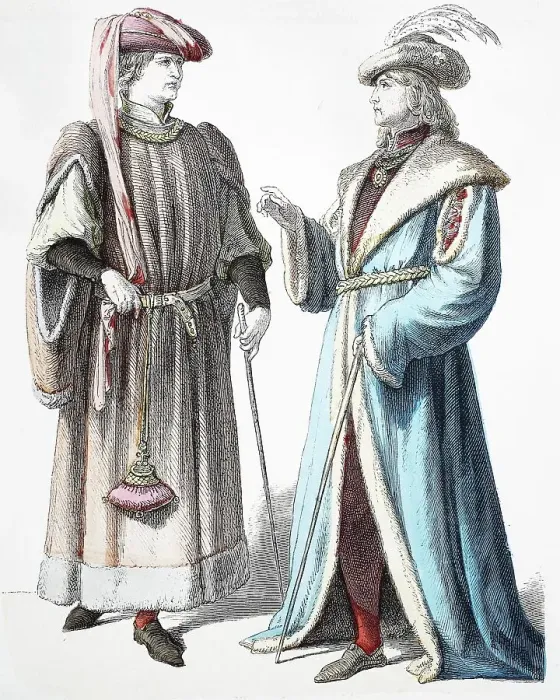 Framed Print : Folk traditional costume, clothing, history of costumes, French noblemen, 1400-1450, France, Historical, digitally restored reproduction of a 19th century original Framed Print : Folk traditional costume, clothing, history of costumes, French noblemen, 1400-1450, France, Historical, digitally restored reproduction of a 19th century original
