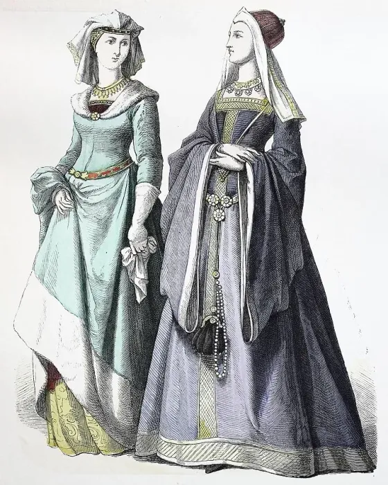 Framed Print : Folk traditional costume, clothing, history of costumes, German noble ladies, 1400-1450, Germany, historical, digitally restored reproduction of a 19th century original Framed Print : Folk traditional costume, clothing, history of costumes, German noble ladies, 1400-1450, Germany, historical, digitally restored reproduction of a 19th century original