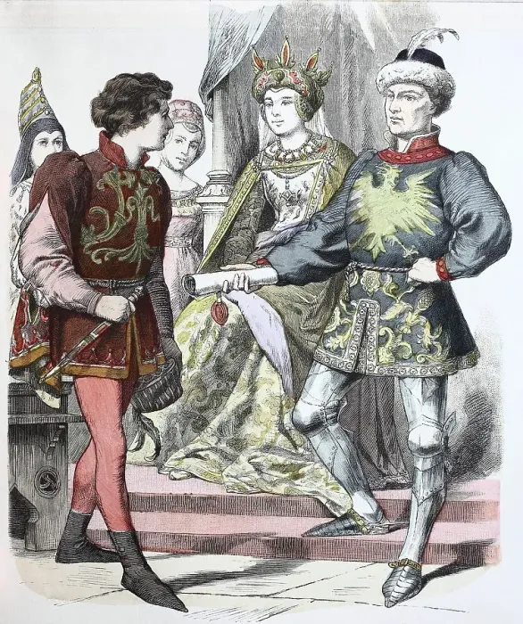 Framed Print : Folk traditional costume, Clothing, History of costumes, Noblemen of Burgundy, France, 1470, Historical, digitally restored reproduction of a 19th century original Framed Print : Folk traditional costume, Clothing, History of costumes, Noblemen of Burgundy, France, 1470, Historical, digitally restored reproduction of a 19th century original