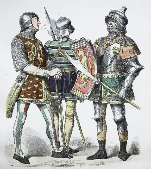 Framed Print : Folk traditional costume, Clothing, History of costumes, Soldiers from Burgundy, France, 1470, Historical, digitally restored reproduction of a 19th century original