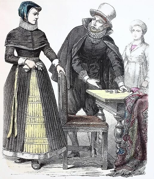 Folk traditional costume, Clothing, History of costumes, Bourgeois woman from Denmark, Merchant, Frau von Stappelhall, Germany, 1600-1630, Historic, digitally restored reproduction of a 19th century original