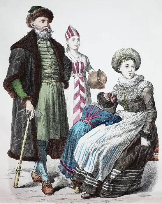 Framed Print : Folk traditional costume, clothing, history of costumes, distinguished Norwegian with woman, woman from the countryside, Norway, 1600-1630, Historic, digitally restored reproduction of a 19th century original