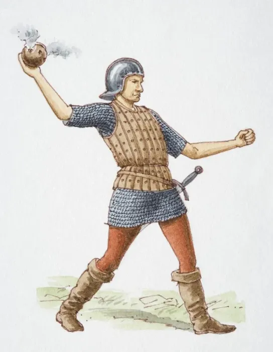 Framed Print : Foot soldier throwing 1528 grenade, side view Framed Print : Foot soldier throwing 1528 grenade, side view