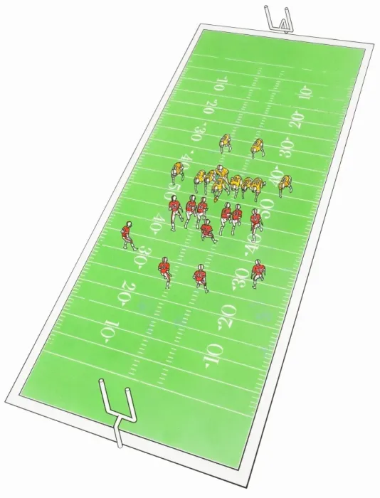 Framed Print : Football game in progress on rectangular field, elevated view