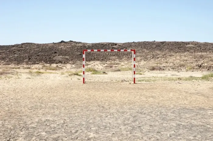 Framed Print : Football goal on a sandy ground, Caleta de Caballo, Lanzarote, Canary Islands, Spain