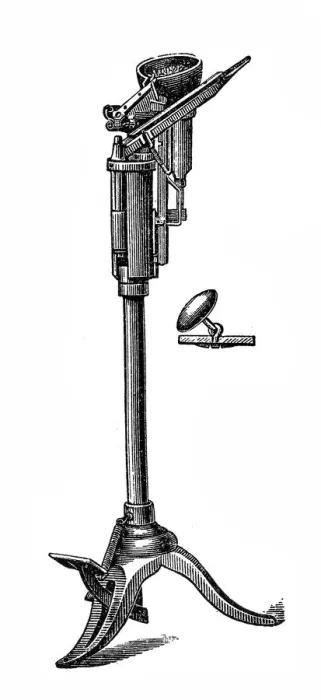 Framed Print : Footwear manufacturing, button fastening machine