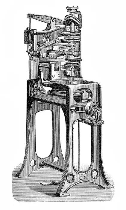 Framed Print : Footwear manufacturing, Yellow twin machine Framed Print : Footwear manufacturing, Yellow twin machine