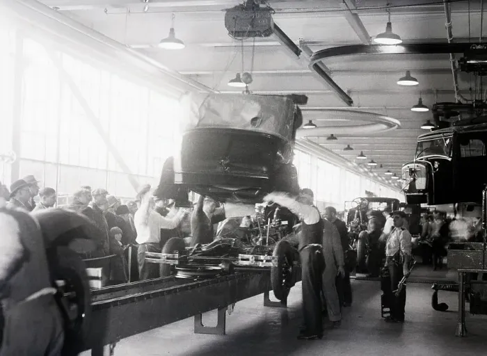 Framed Print : Ford Automobile Body Placed on Chassis on Assembly Line Framed Print : Ford Automobile Body Placed on Chassis on Assembly Line