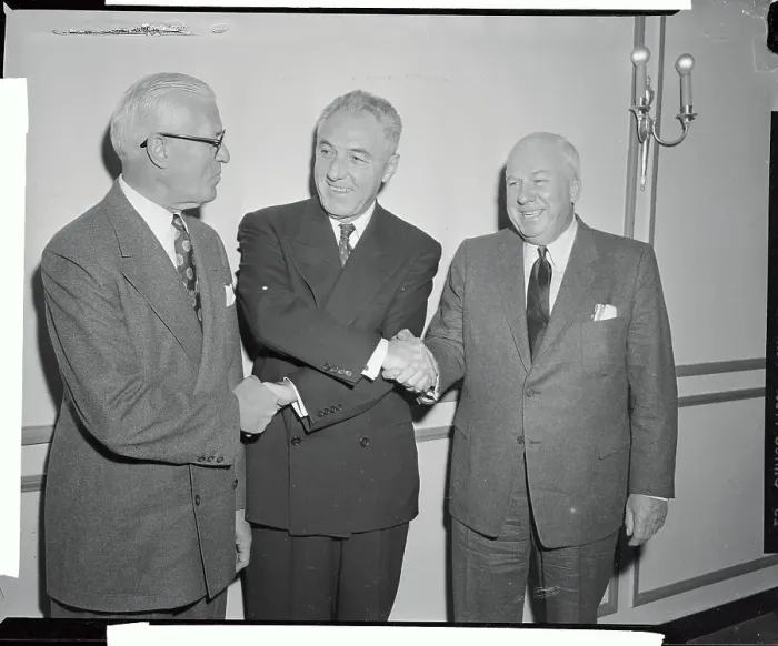 Framed Print : Ford Frick Joining Hands with Officials Framed Print : Ford Frick Joining Hands with Officials