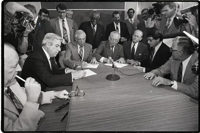 Framed Print : Ford & UAW Executives Sign Contract Framed Print : Ford & UAW Executives Sign Contract