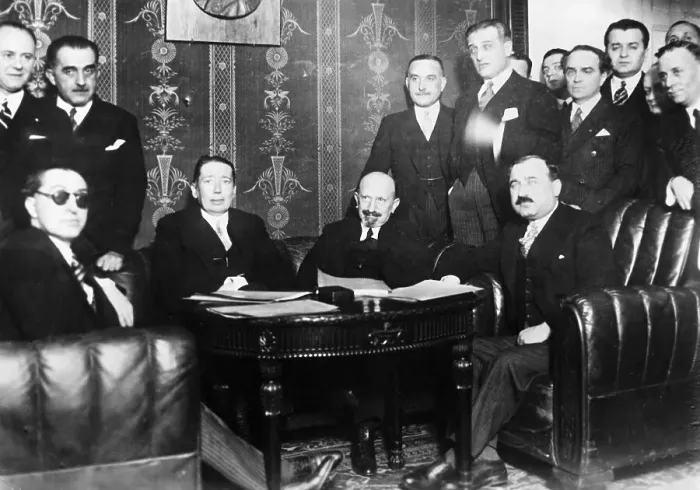 Framed Print : Foreign Ministers Seated After Pact Sign Framed Print : Foreign Ministers Seated After Pact Sign