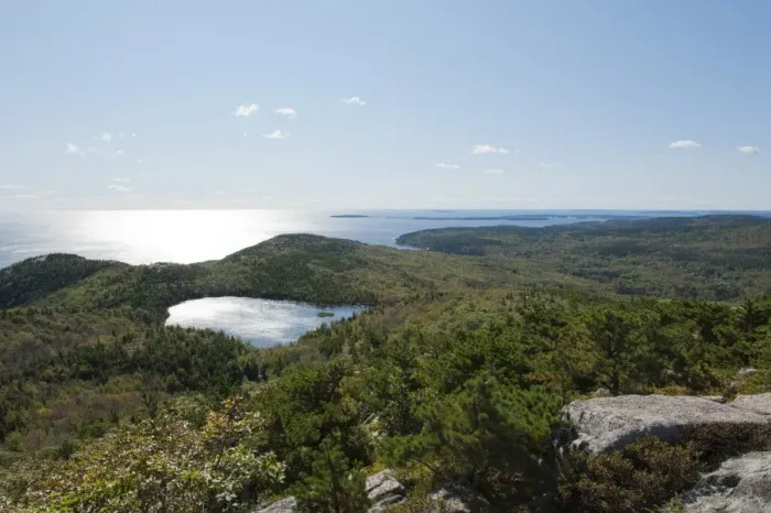 Framed Print : Forest and sea views from the summit of Champlain Mountain, 328 m, over The Bowl lake, hiking trail, Bear Brook Trail, Acadia National Park, Maine, New England, USA, North America Framed Print : Forest and sea views from the summit of Champlain Mountain, 328 m, over The Bowl lake, hiking trail, Bear Brook Trail, Acadia National Park, Maine, New England, USA, North America