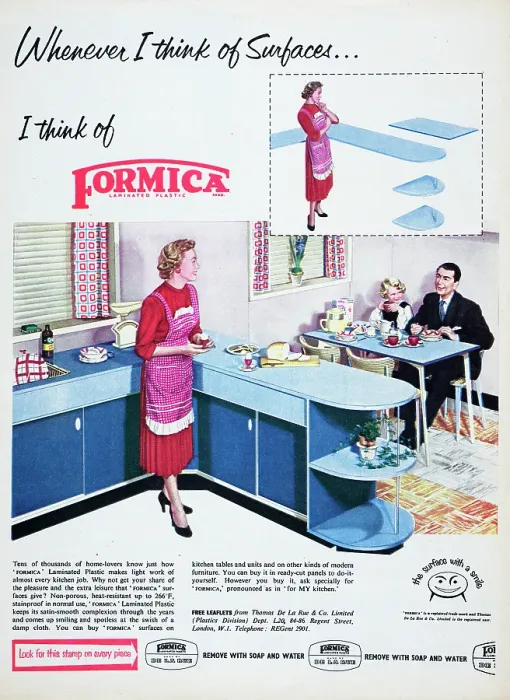 Framed Print : Formica. 1955: Advertisement for Formica laminated plastic showing a family Framed Print : Formica. 1955: Advertisement for Formica laminated plastic showing a family