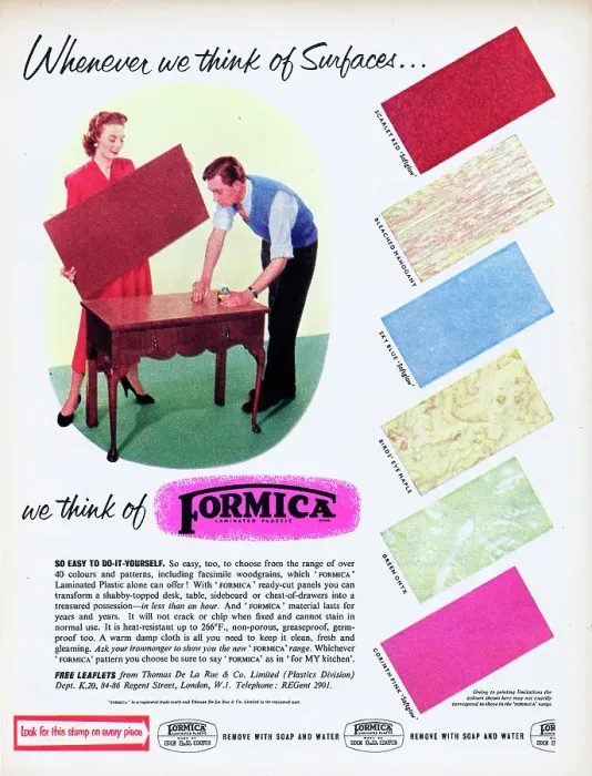 Framed Print : Formica. 1955: Advertisement for Formica worktop surfaces with the caption Framed Print : Formica. 1955: Advertisement for Formica worktop surfaces with the caption